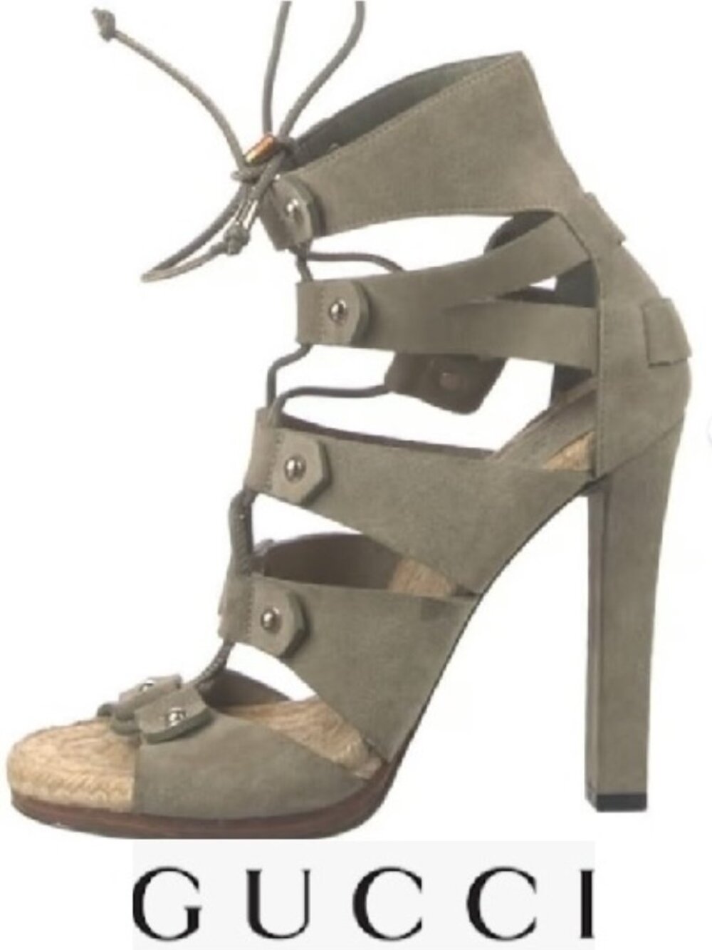 $1180 GUCCI Jasmine Beige Suede Lace Up Espadrille Heels Sandals 40